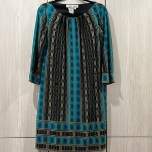 Maggy London | Geometric Black & Aqua Shift Midi Dress | Women's Size‎ 8